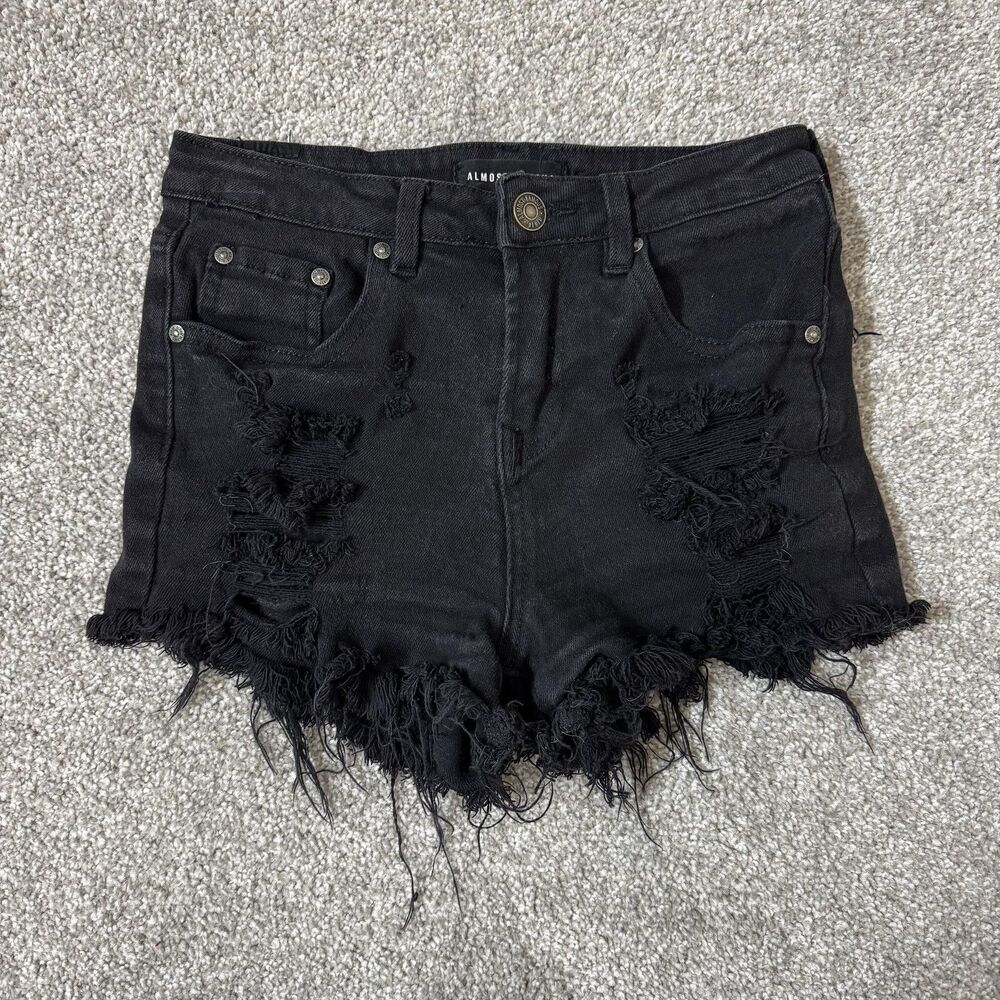 Almost Famous Shorts Womens 3 Black Distressed Frayed Hem High Rise Denim Cutoff